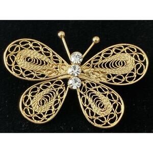 Gold Filigree 3 Rhinestones For Body Butterfly 2” Pin Brooch
